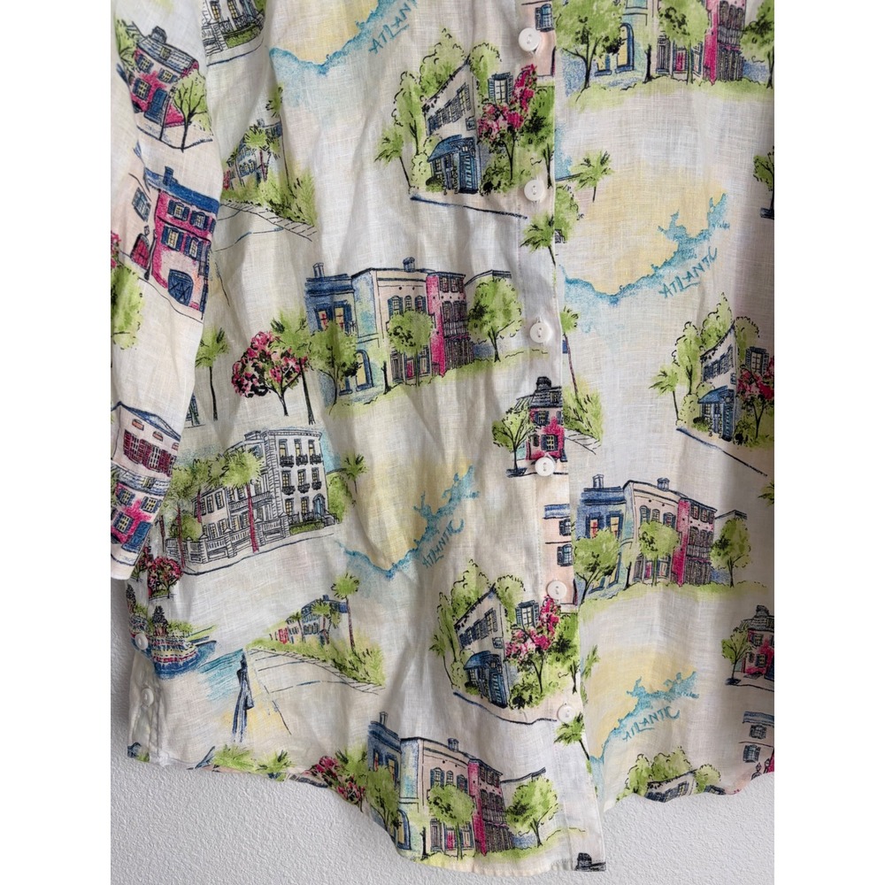 Chicos No Iron Linen Blend‎ Coastal Town Print Button Down Shirt Size 2 Large - Picture 2 of 4